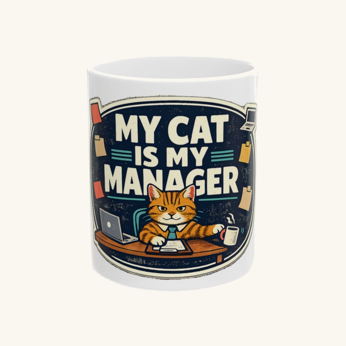 A funny cat-parent tee for people whose cat clearly runs the household. Mug