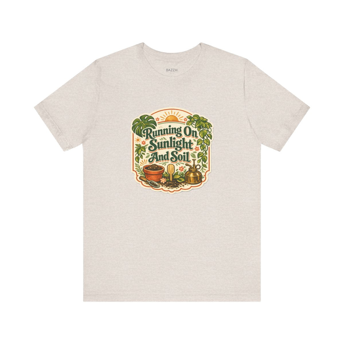 Garden Lover T-Shirt — Running on Sunlight and Soil — plant mom t-shirt design by Margaux
