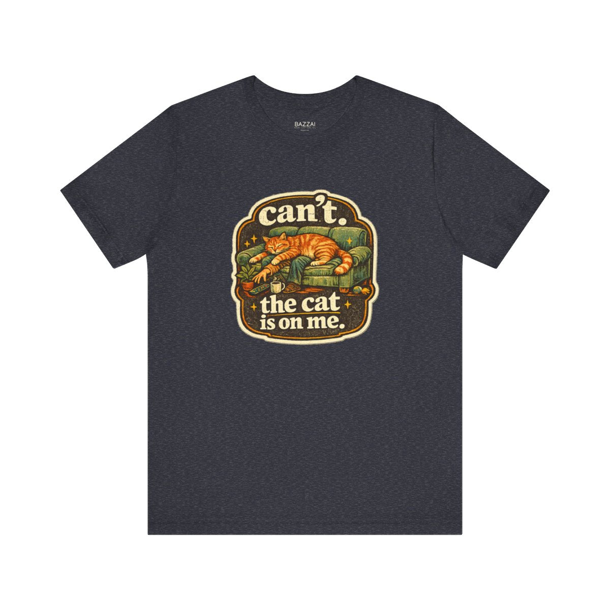 Cat Owner Humor T-Shirt — Can't. the Cat Is on Me. — t-shirt design by Margaux
