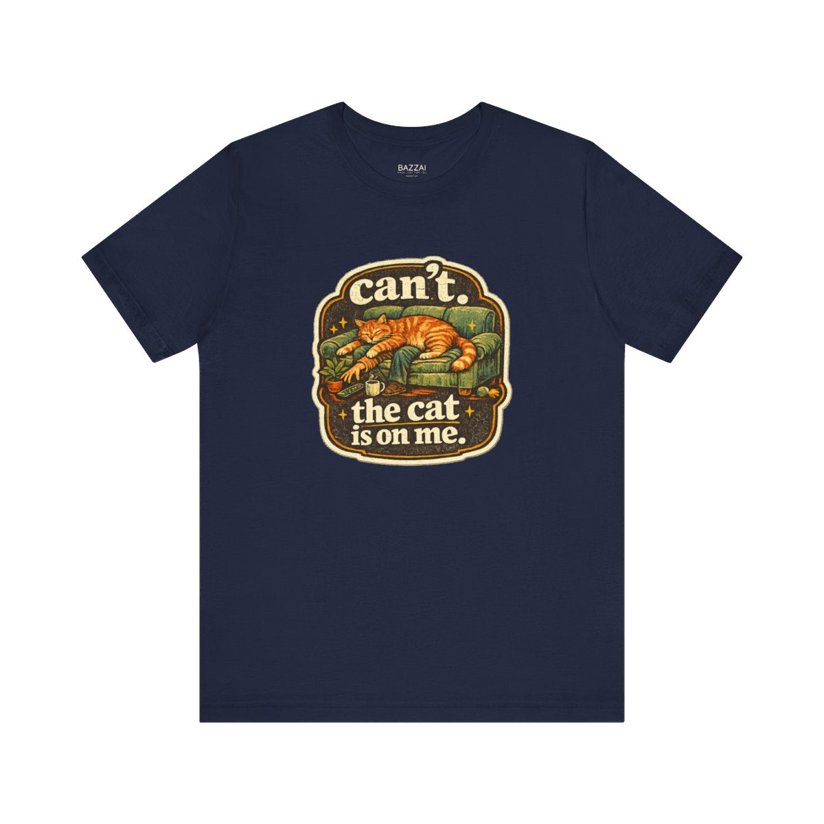 Cat Owner Humor T-Shirt — Can't. the Cat Is on Me. — t-shirt design by Margaux