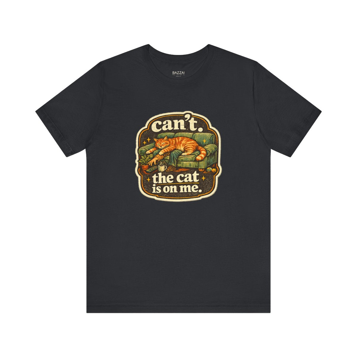 Cat Owner Humor T-Shirt — Can't. the Cat Is on Me. — t-shirt design by Margaux