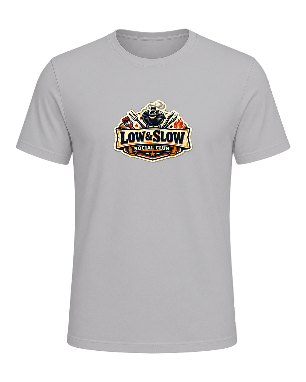 A retro BBQ badge tee for the smoker people who know good things take all day. — Athletic Heather