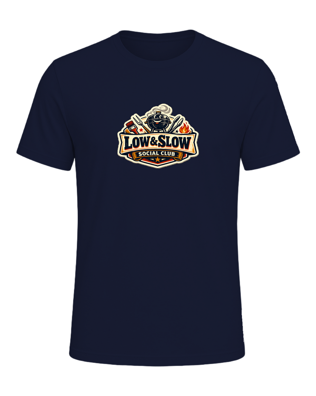A retro BBQ badge tee for the smoker people who know good things take all day. — Navy