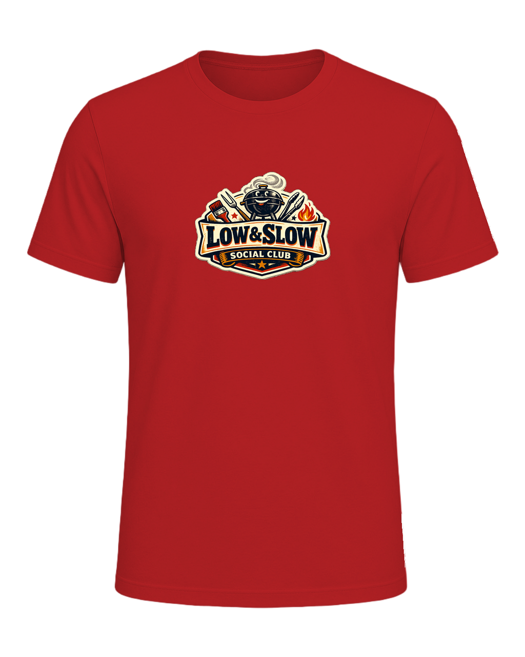 A retro BBQ badge tee for the smoker people who know good things take all day. — Red