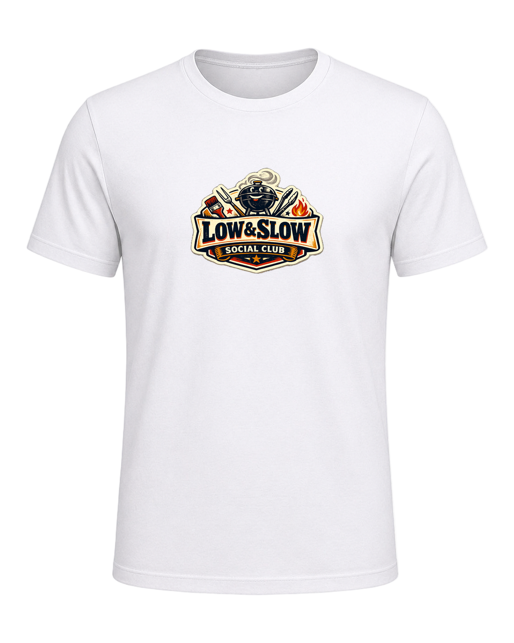 A retro BBQ badge tee for the smoker people who know good things take all day. — White