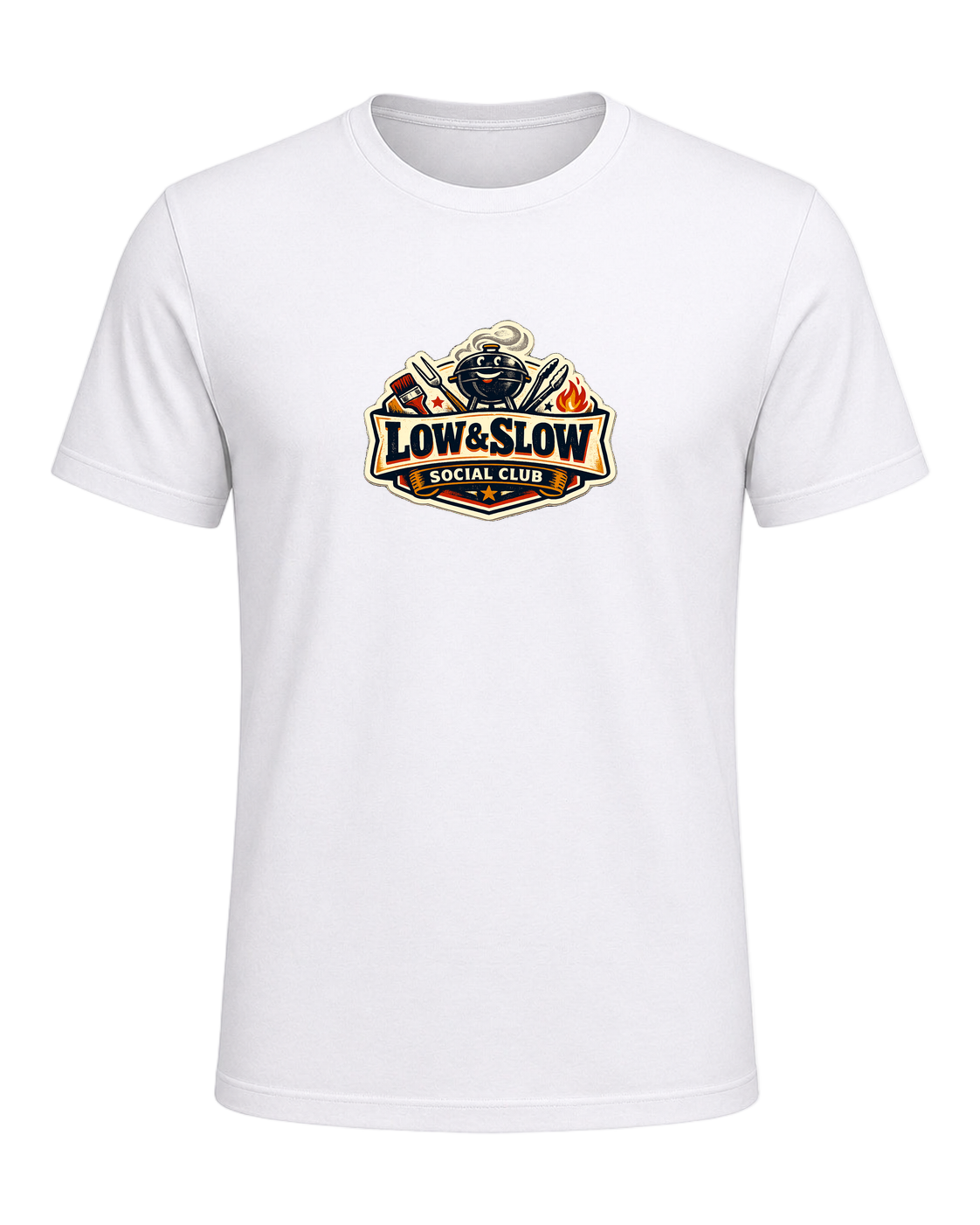 A retro BBQ badge tee for the smoker people who know good things take all day. — White