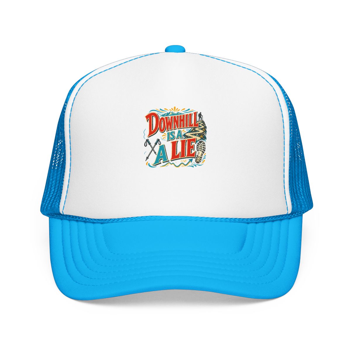 Funny Hiking Hat — Downhill Is a Lie — trail hat design