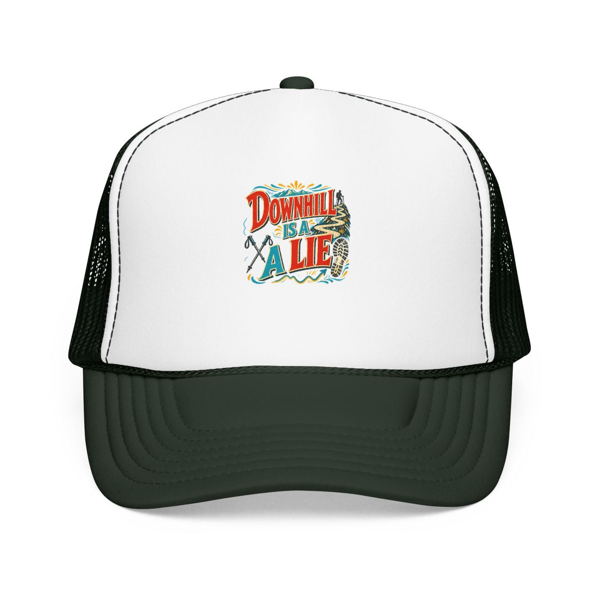 Funny Hiking Hat — Downhill Is a Lie — trail hat design