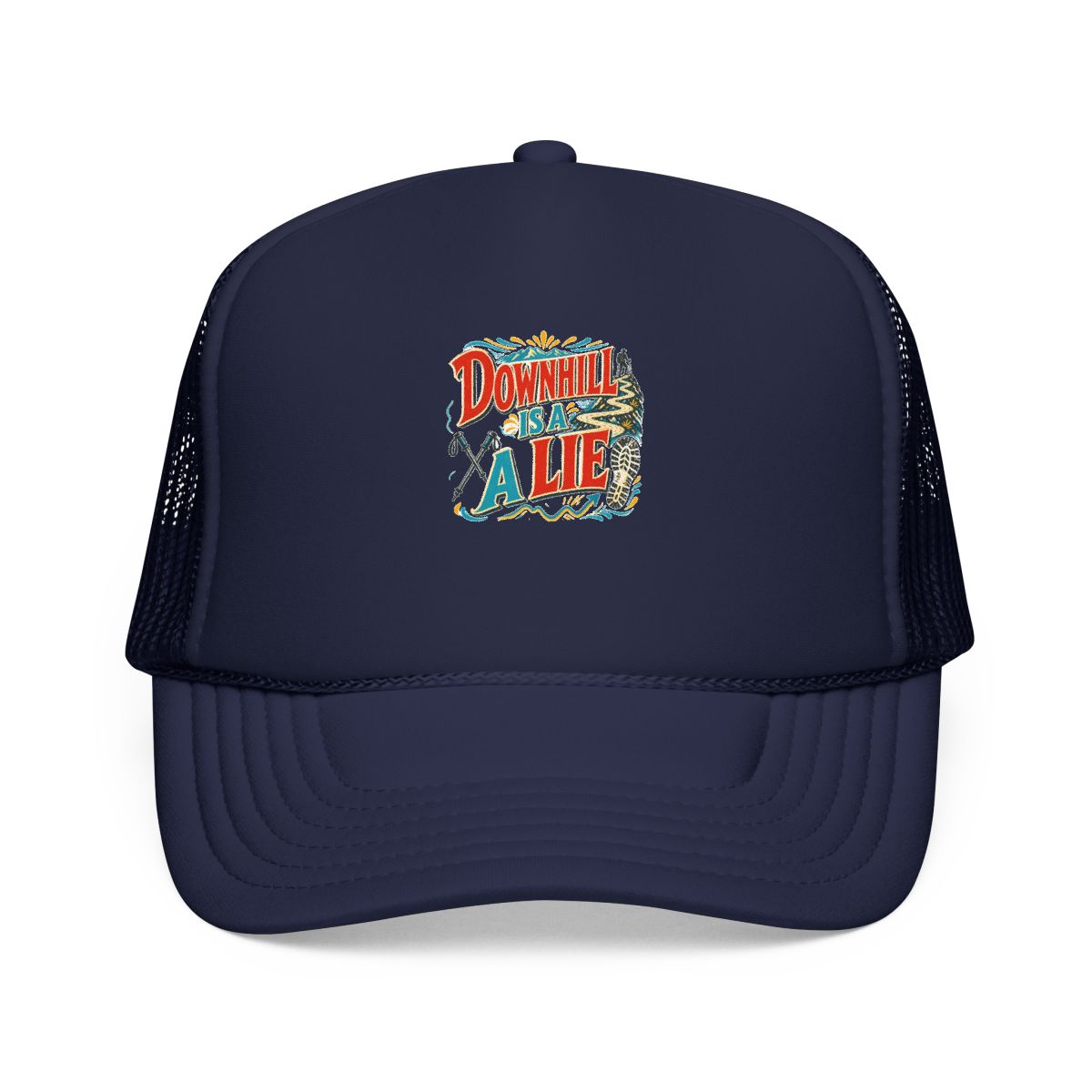 Funny Hiking Hat — Downhill Is a Lie — trail hat design