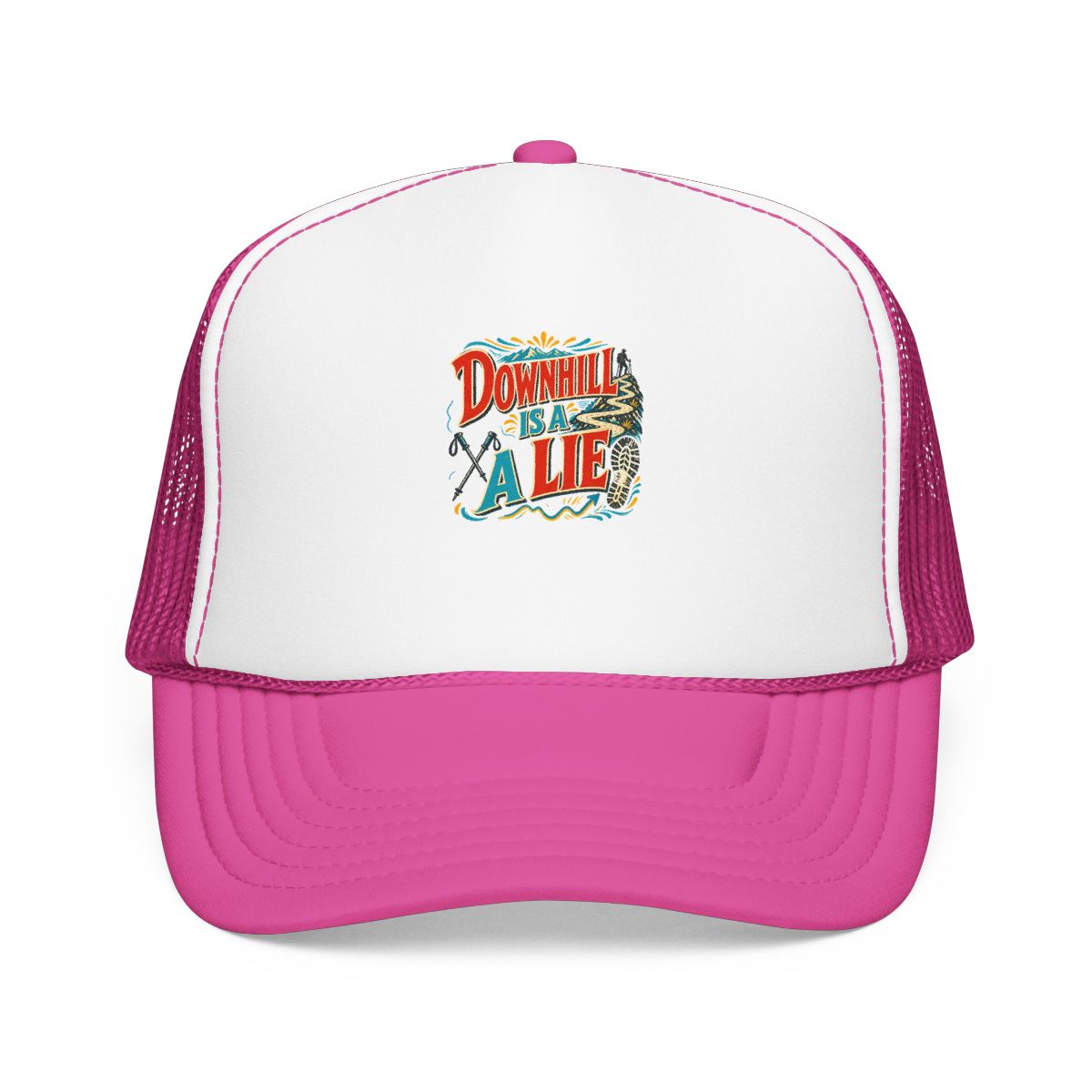 Funny Hiking Hat — Downhill Is a Lie — trail hat design