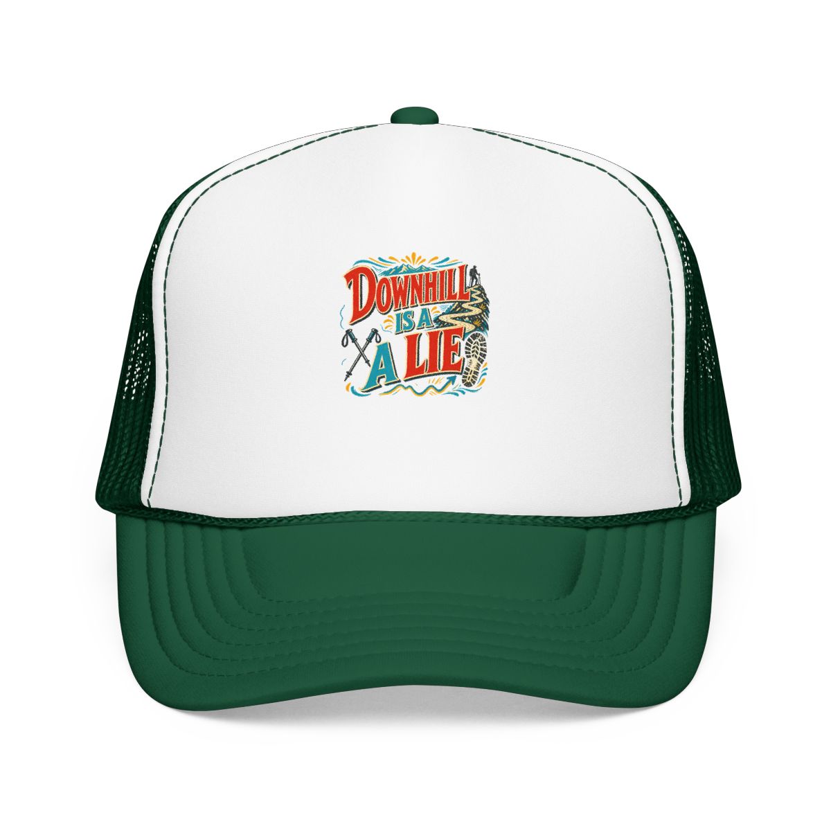 Funny Hiking Hat — Downhill Is a Lie — trail hat design