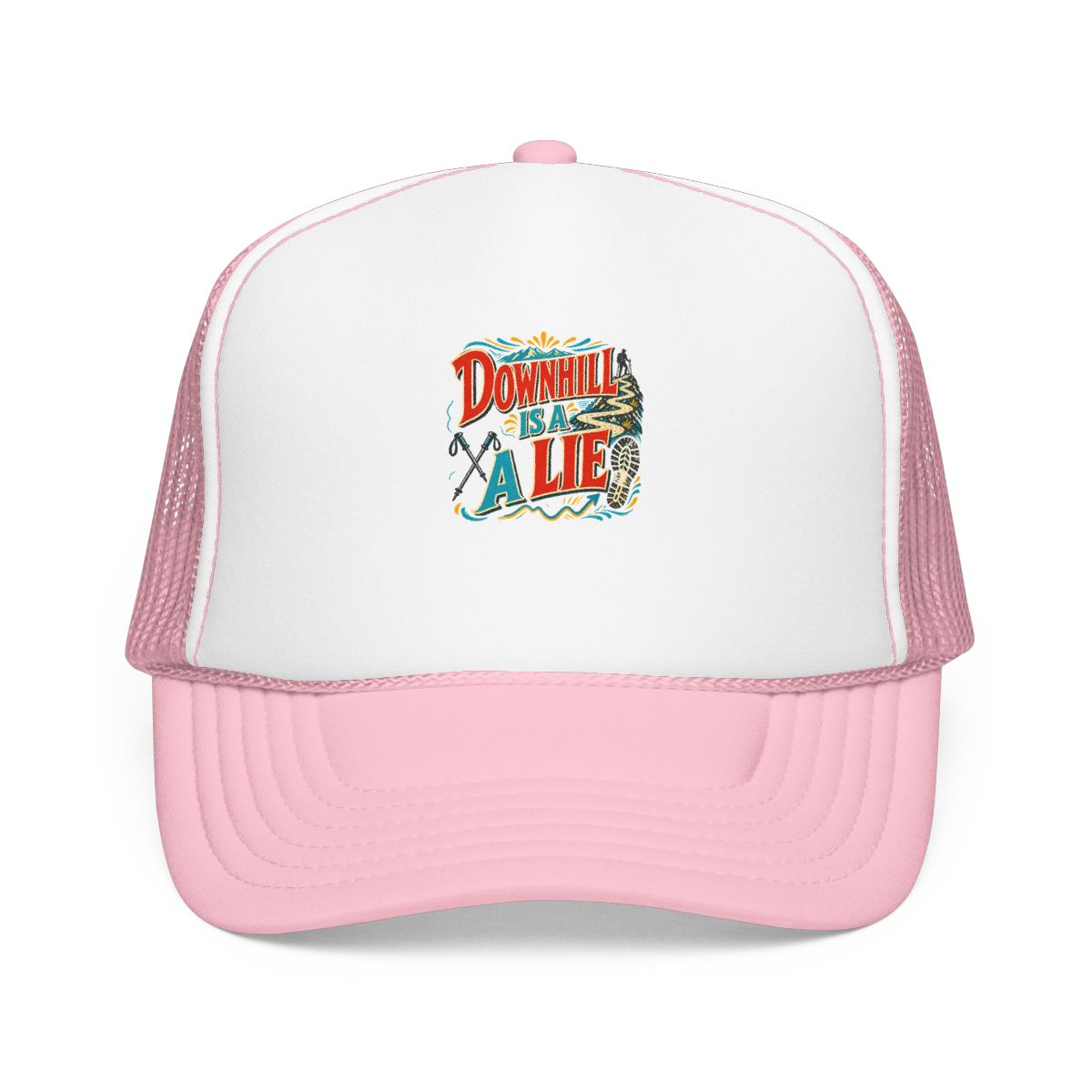 Funny Hiking Hat — Downhill Is a Lie — trail hat design