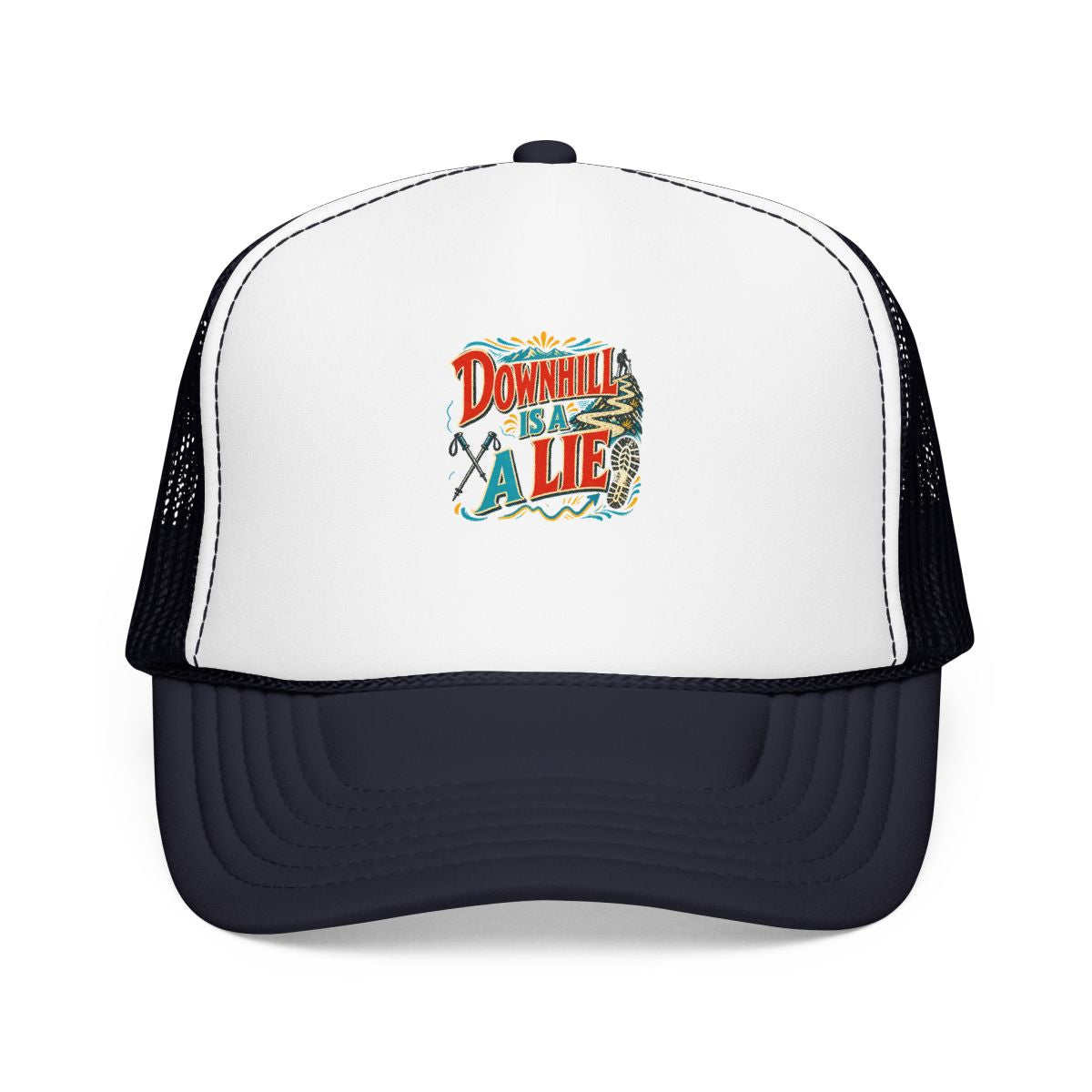 Funny Hiking Hat — Downhill Is a Lie — trail hat design