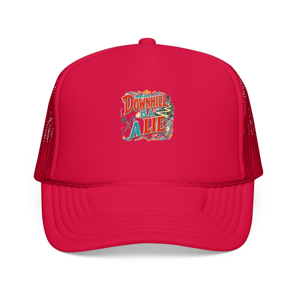 Funny Hiking Hat — Downhill Is a Lie — trail hat design