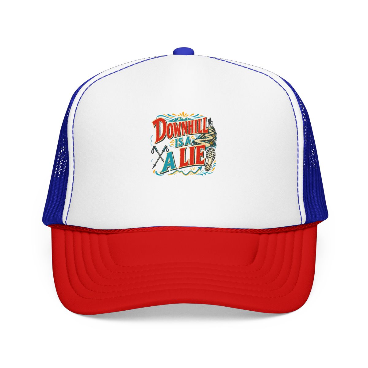 Funny Hiking Hat — Downhill Is a Lie — trail hat design