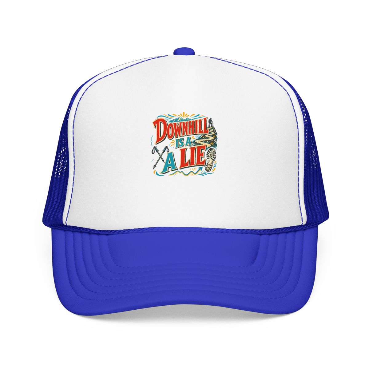 Funny Hiking Hat — Downhill Is a Lie — trail hat design