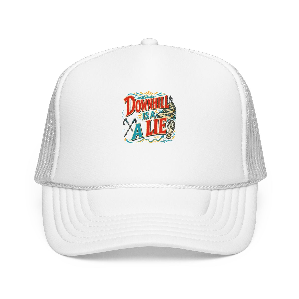Funny Hiking Hat — Downhill Is a Lie — trail hat design