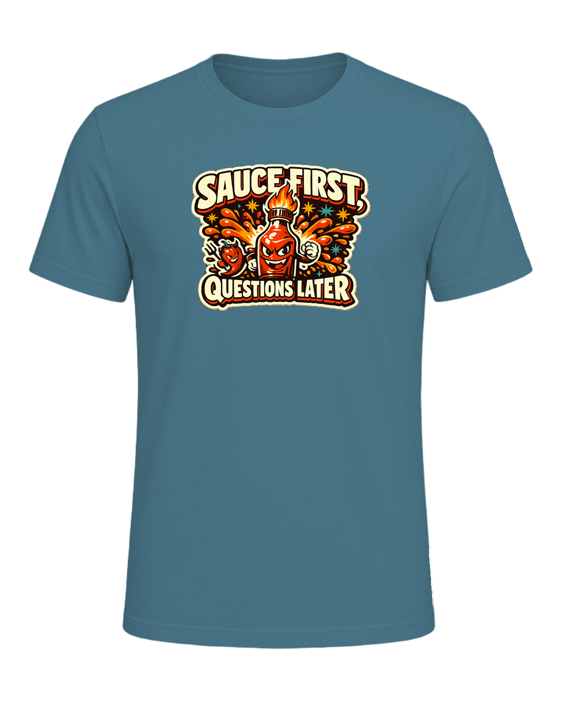 Sauce First, Questions Later Tee — Heather Deep Teal