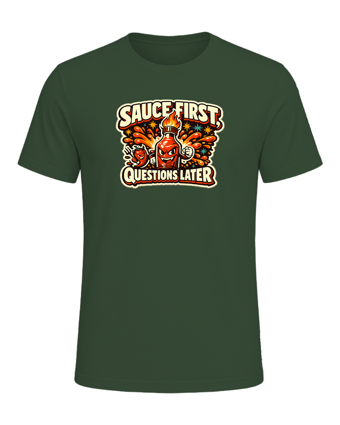 Sauce First, Questions Later Tee — Heather Forest
