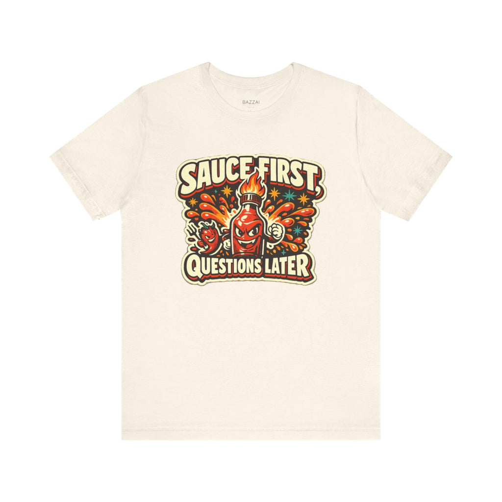 Funny Chili T-Shirt — Sauce First, Questions Later — t-shirt design by Sol