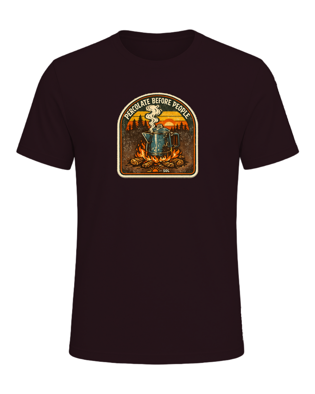 Percolate Before People Tee — Oxblood Black