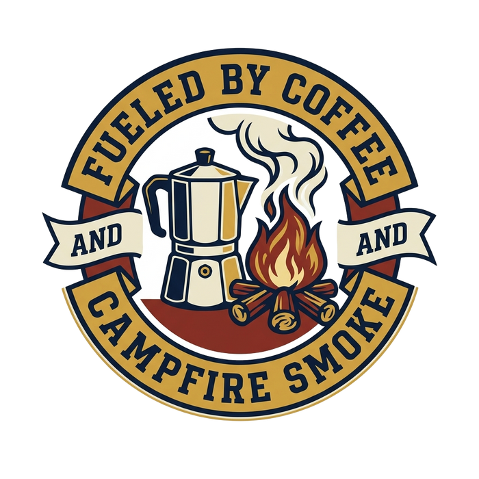 FUELED BY COFFEE AND CAMPFIRE SMOKE — Retro Badge Tee