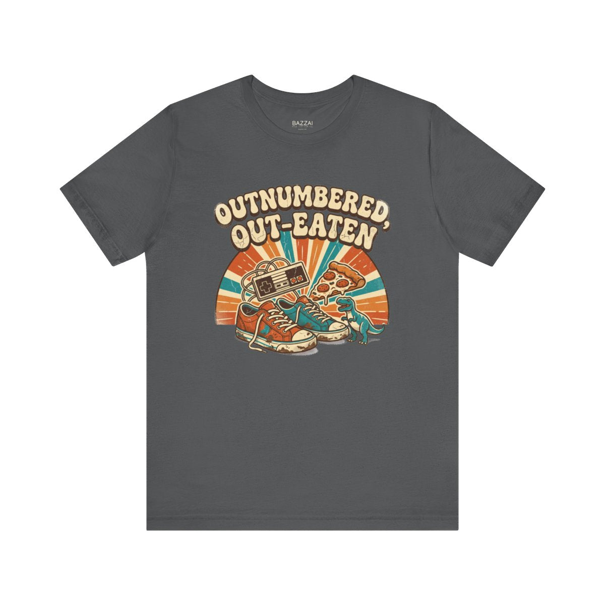 Mom of Boys T-Shirt — Outnumbered, Out-Eaten — t-shirt design