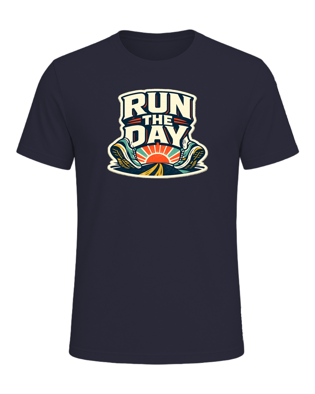 A bold retro running tee for people who start their day with miles and momentum. — Heather Navy