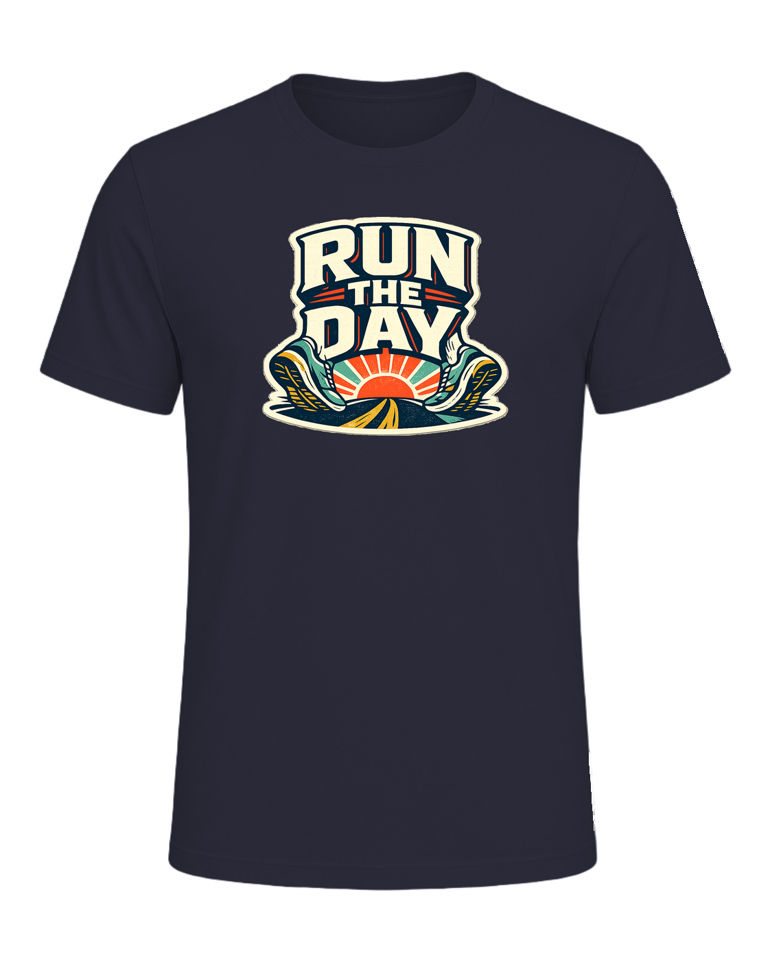 A bold retro running tee for people who start their day with miles and momentum. — Heather Navy