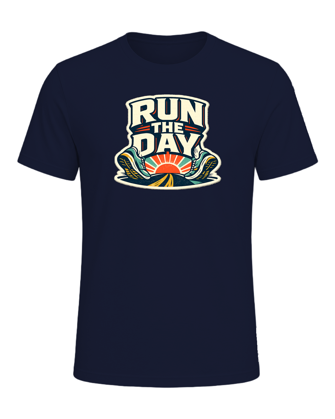 A bold retro running tee for people who start their day with miles and momentum. — Navy