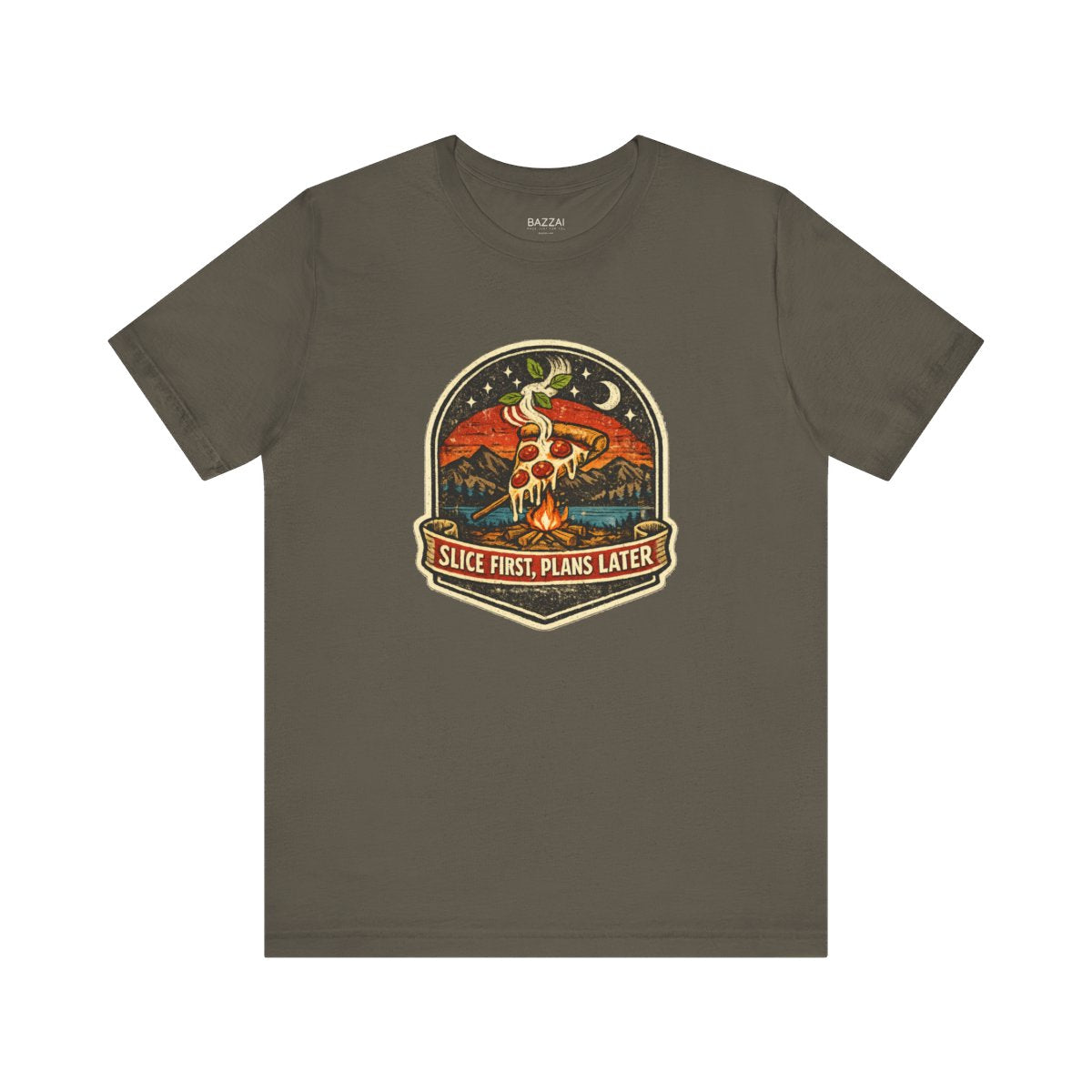 Funny Pizza Lover T-Shirt — Slice First, Plans Later — t-shirt design by Sol