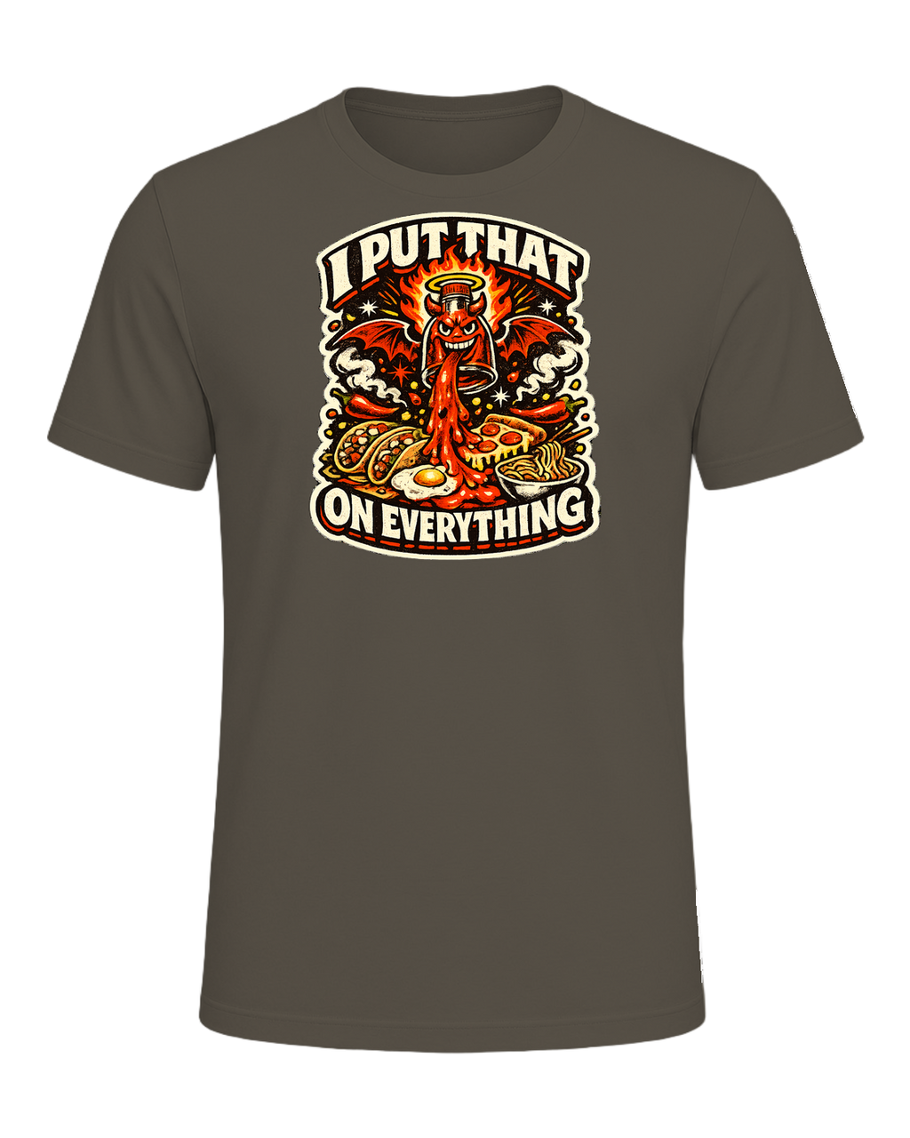 A fiery retro hot-sauce tee for the person who truly puts that on everything. — Army