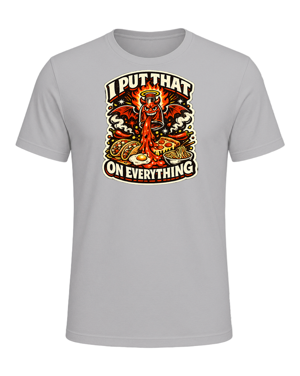 A fiery retro hot-sauce tee for the person who truly puts that on everything. — Athletic Heather