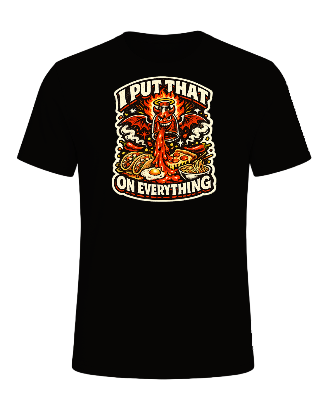 A fiery retro hot-sauce tee for the person who truly puts that on everything. — Black Heather