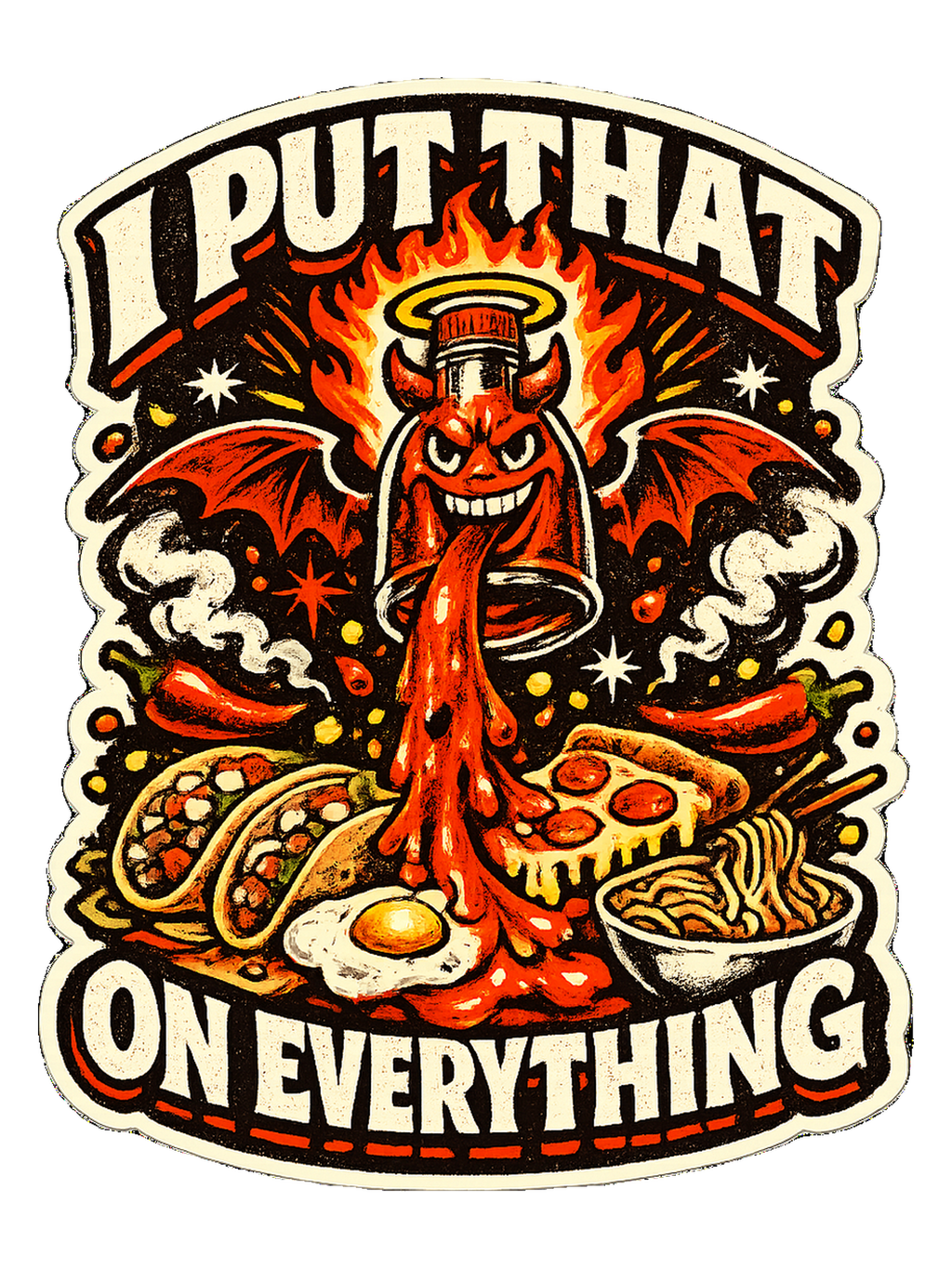 A fiery retro hot-sauce tee for the person who truly puts that on everything.