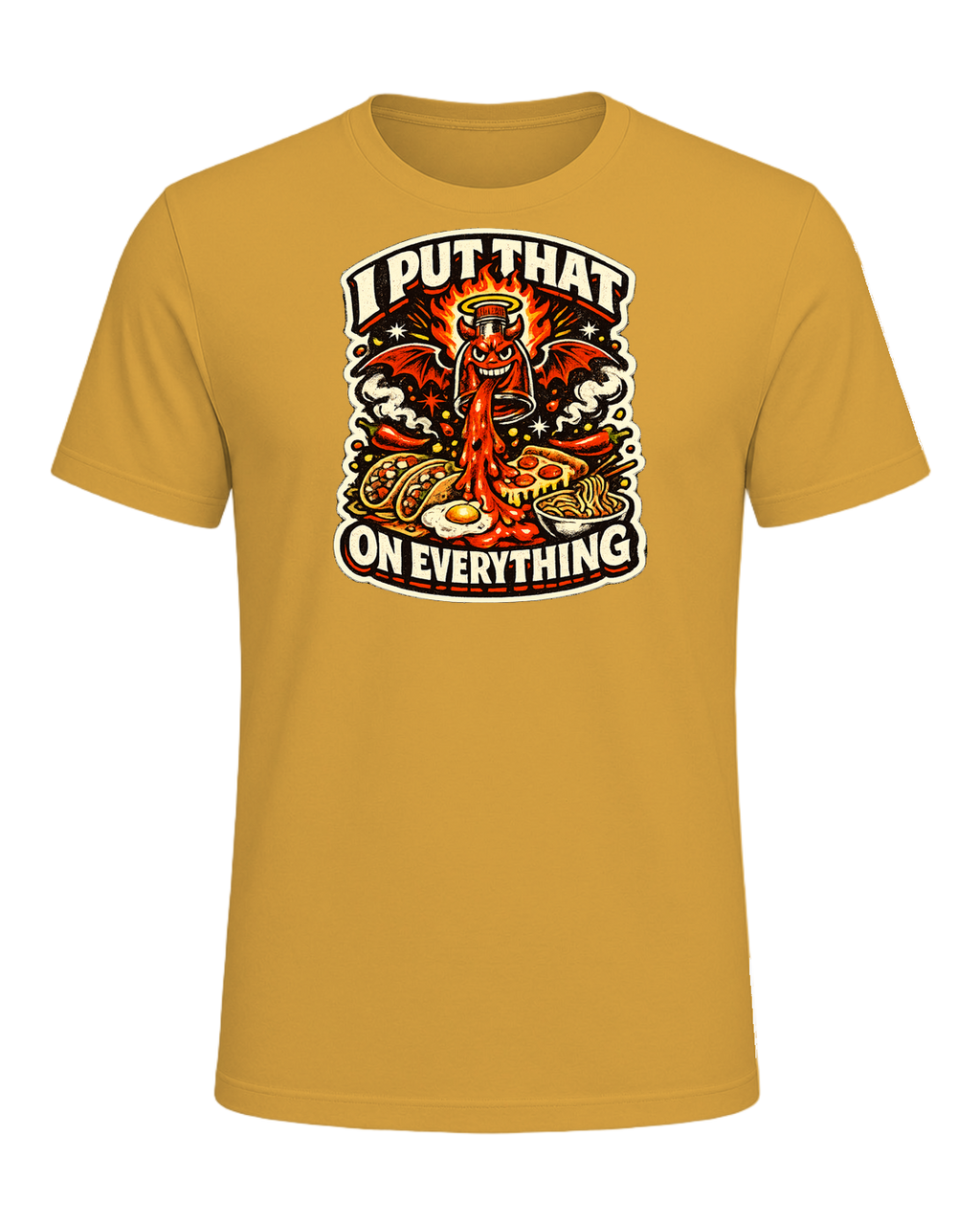 A fiery retro hot-sauce tee for the person who truly puts that on everything. — Heather Mustard