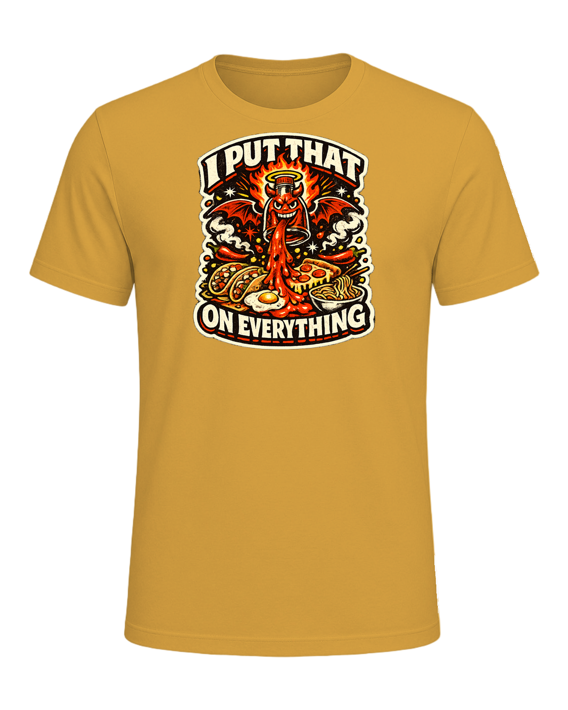A fiery retro hot-sauce tee for the person who truly puts that on everything. — Heather Mustard