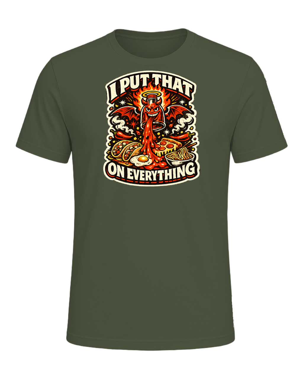 A fiery retro hot-sauce tee for the person who truly puts that on everything. — Military Green