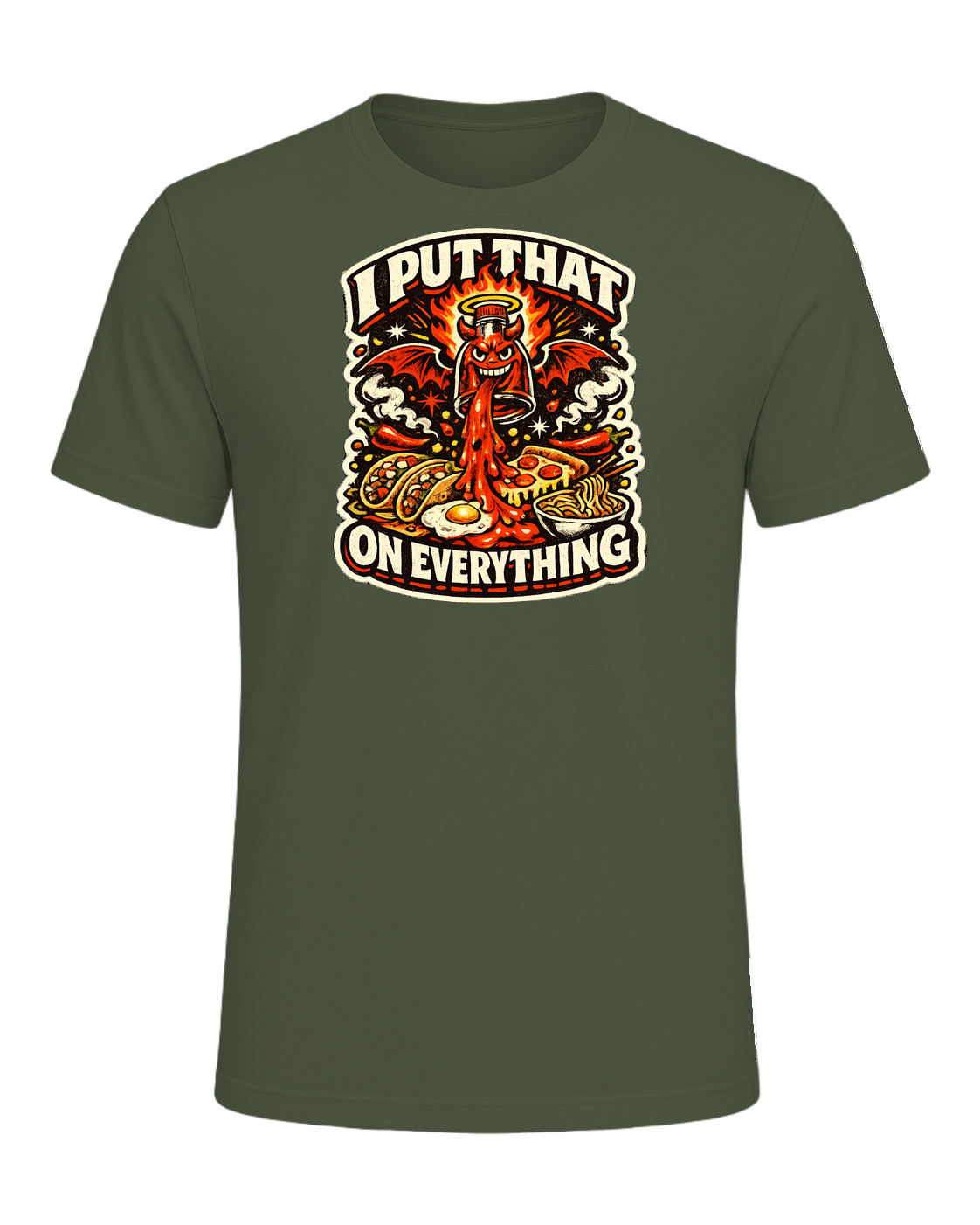 A fiery retro hot-sauce tee for the person who truly puts that on everything. — Military Green