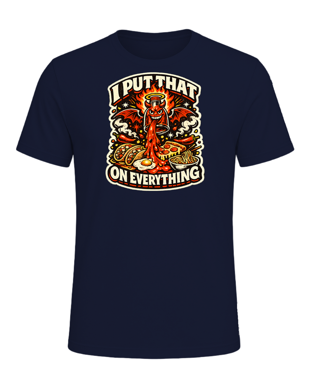 A fiery retro hot-sauce tee for the person who truly puts that on everything. — Navy