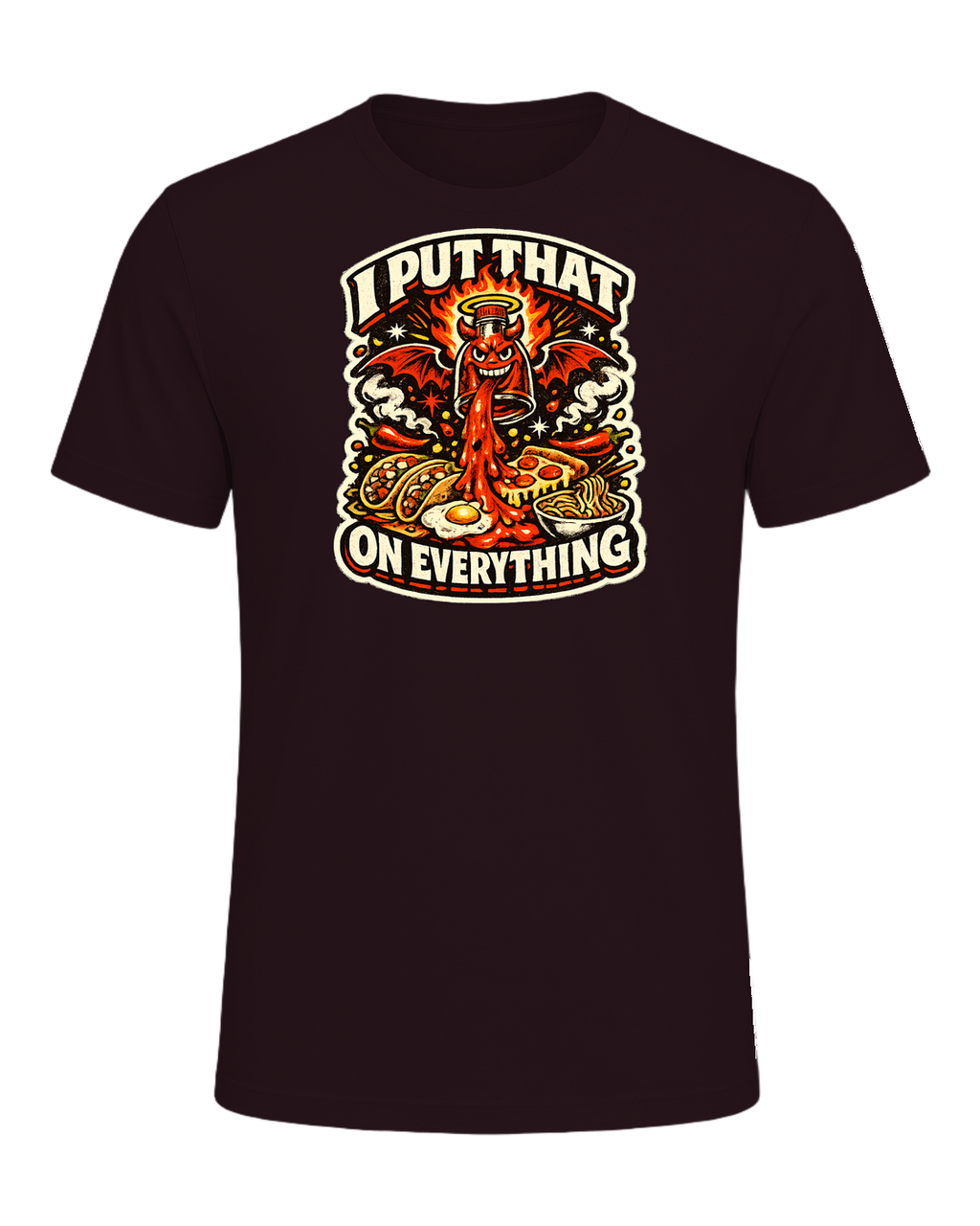 A fiery retro hot-sauce tee for the person who truly puts that on everything. — Oxblood Black