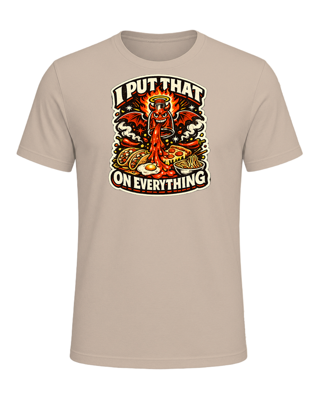 A fiery retro hot-sauce tee for the person who truly puts that on everything. — Tan