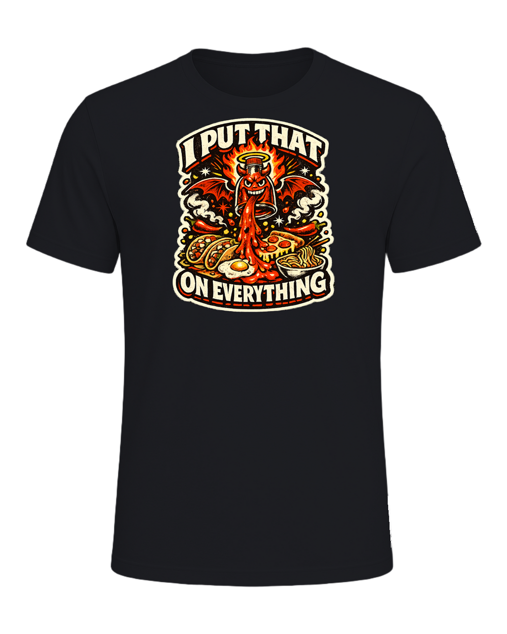 A fiery retro hot-sauce tee for the person who truly puts that on everything. — Vintage Black