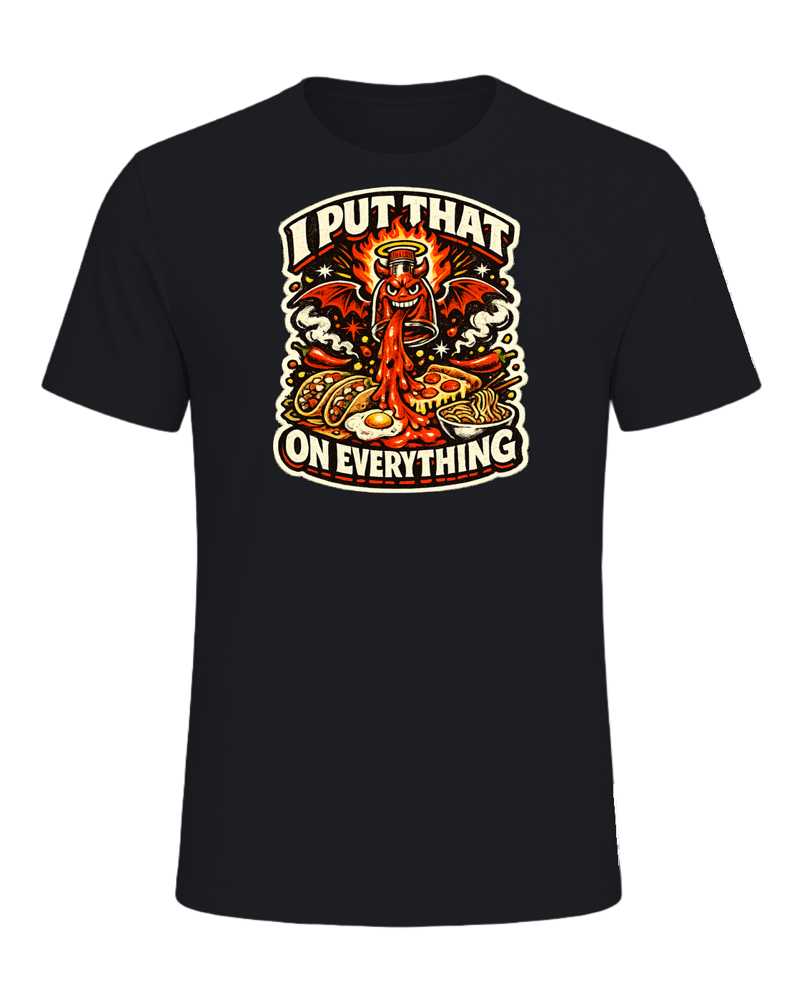 A fiery retro hot-sauce tee for the person who truly puts that on everything. — Vintage Black