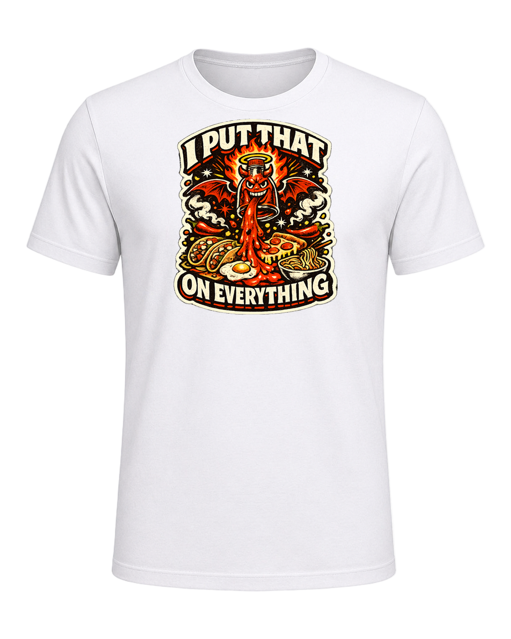 A fiery retro hot-sauce tee for the person who truly puts that on everything. — White