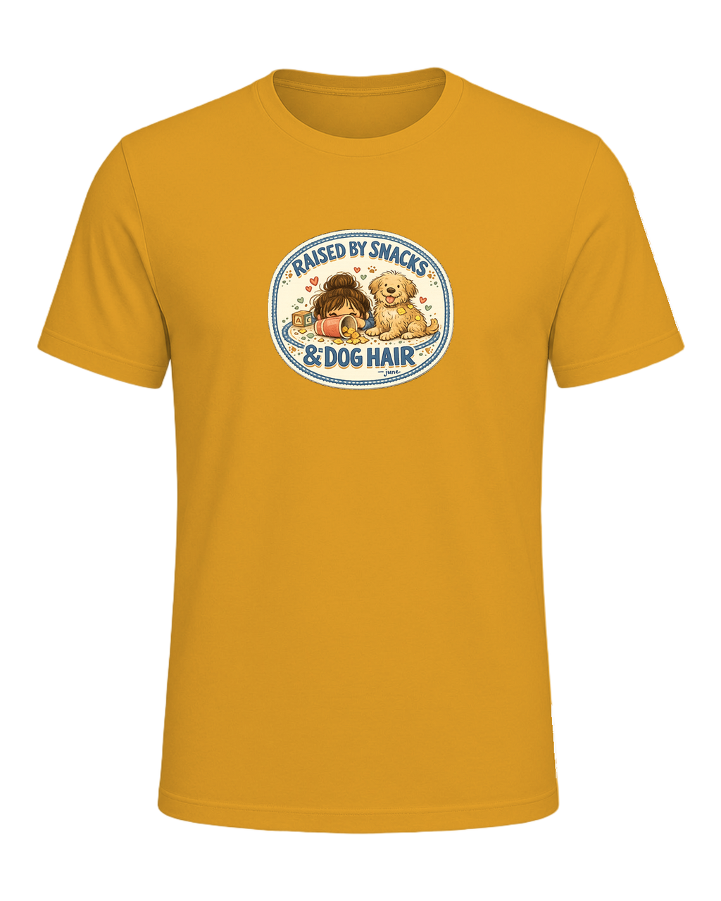 Raised By Snacks & Dog Hair Tee — Mustard