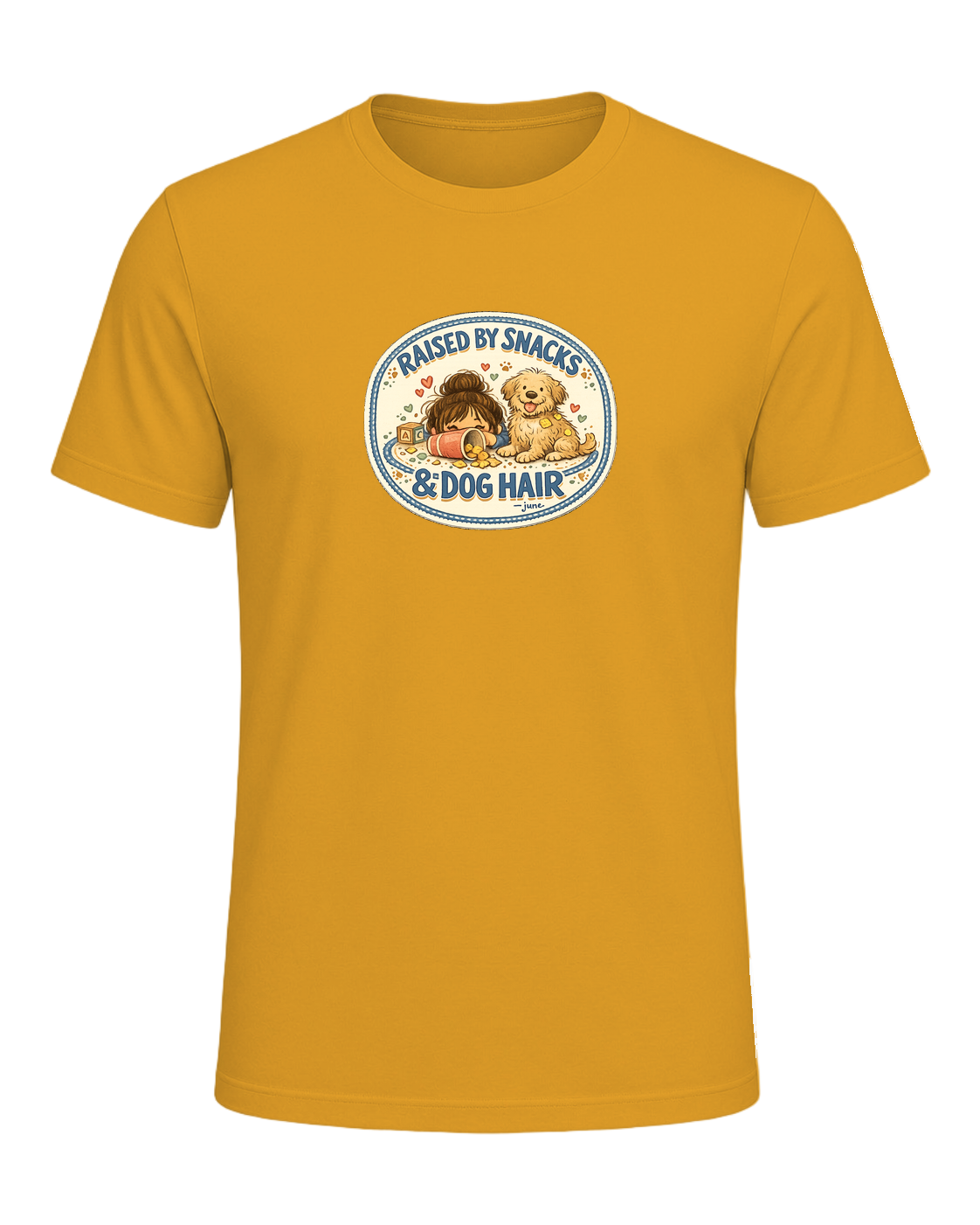 Raised By Snacks & Dog Hair Tee — Mustard