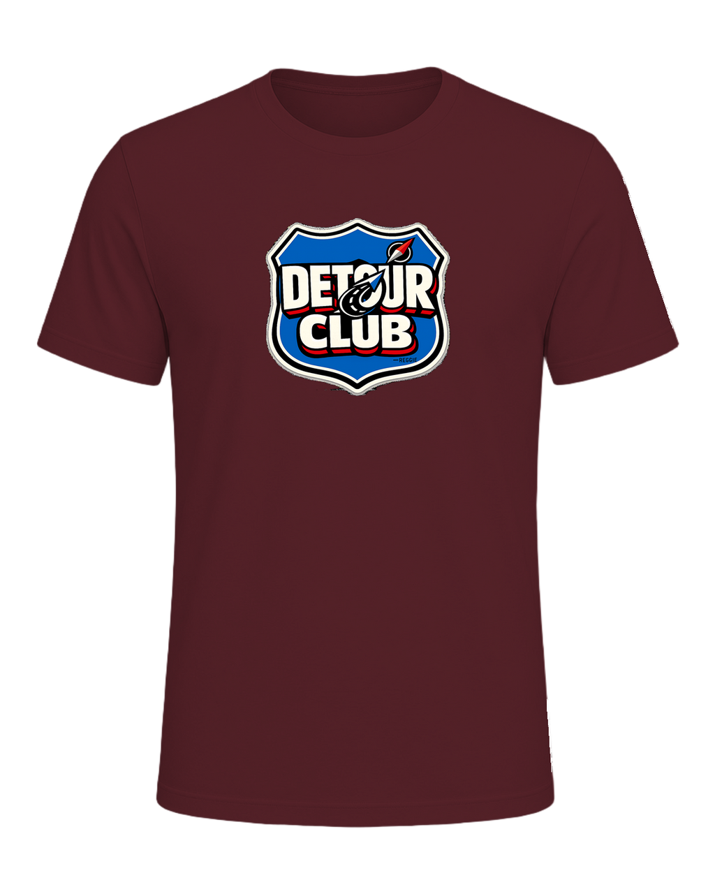 A loud travel badge tee for wanderers who believe the detour is the destination. — Maroon