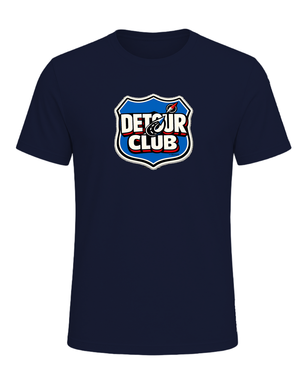 A loud travel badge tee for wanderers who believe the detour is the destination. — Navy