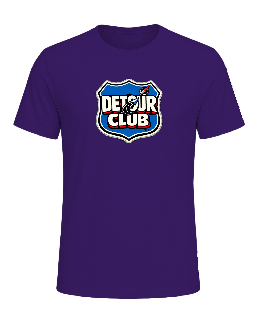 A loud travel badge tee for wanderers who believe the detour is the destination. — Team Purple